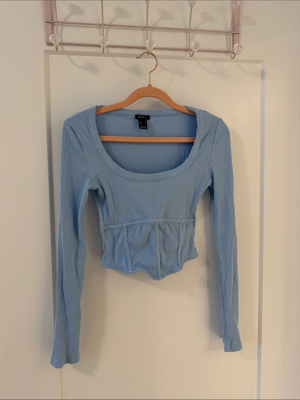 Forever 21 Light Blue Ribbed Scoop-Neck Long Sleeve Crop Top